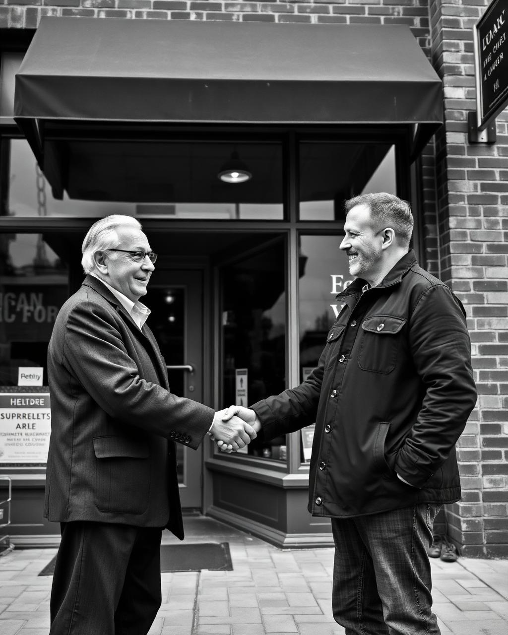An exited owner shaking hands with a Main Street SMB owner outside a brick storefront